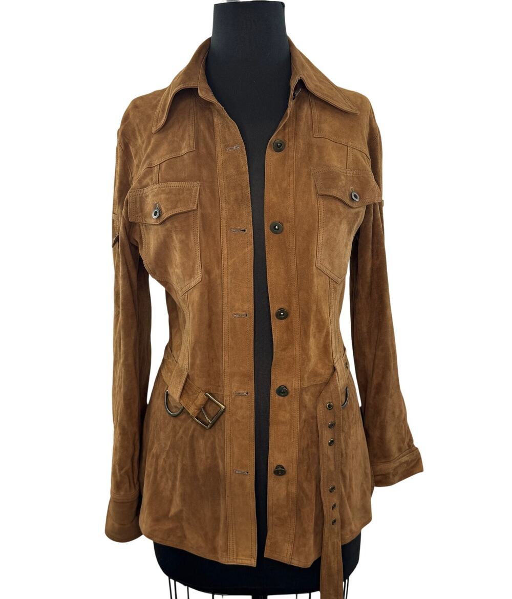 Blue Deep Tan Camel Safari Jacket Suede Belted Collared Front Button 42 ITALIAN